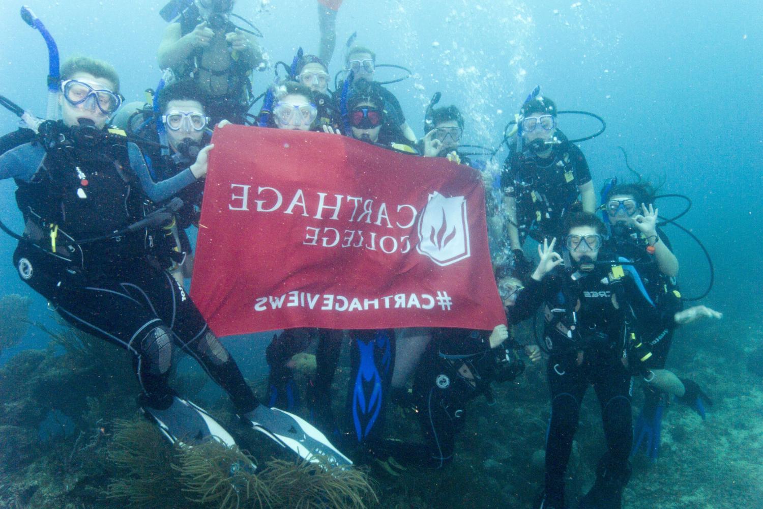 学生们手持<a href='http://gpox.ngskmc-eis.net'>博彩网址大全</a>旗帜，在j学期洪都拉斯游学之旅中潜水.